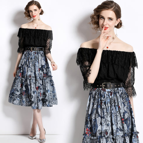 Knockout Runway Fashion Floral Print Off-Shoulder Lace top with High Rise A-Line Skirt 2-Pcs Holiday, Party Ensemble